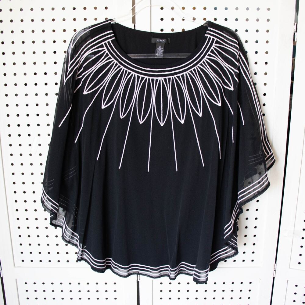 ALFANI Womens SIZE 2X Black Embroidered‎ Overlay Poncho Style Blouse Top